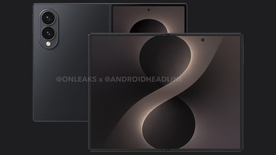 A leaked render of the supposed Samsung Galaxy Z Fold 8 Wide in a black colorway, showing its wider cover and inner displays and a dual camera array.