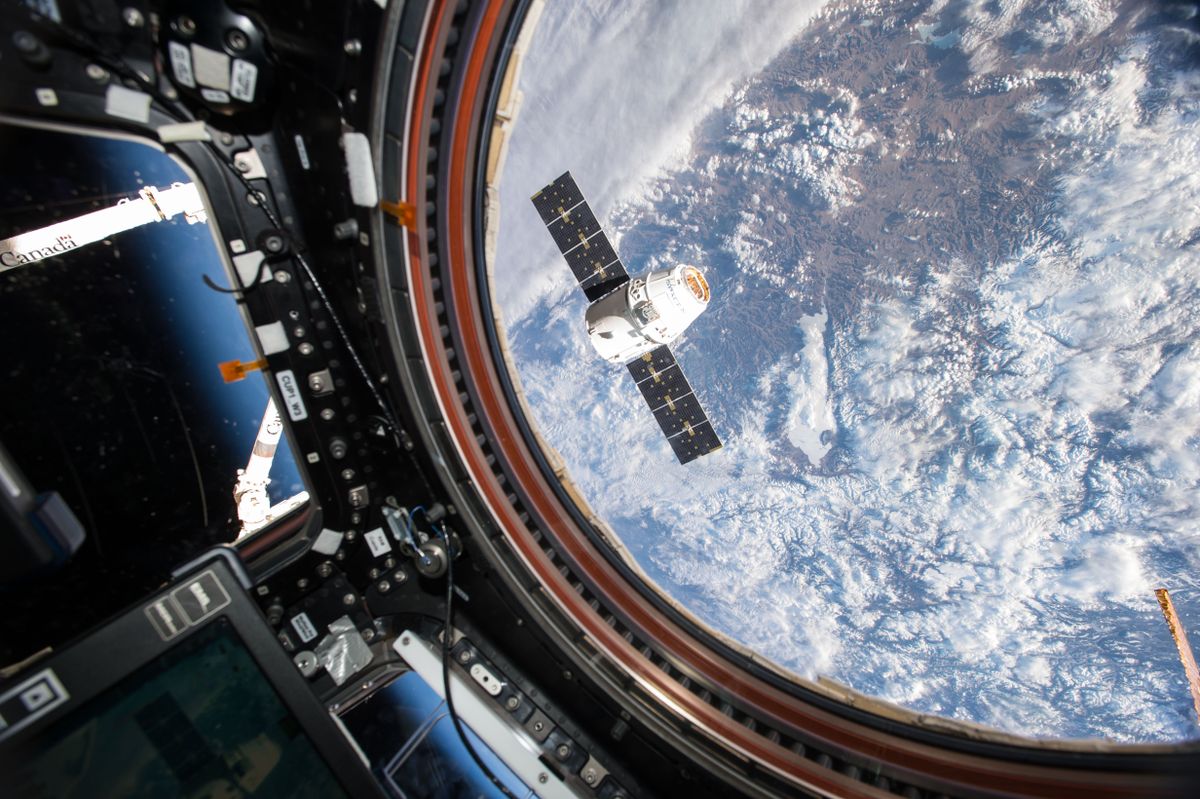 A SpaceX Dragon spacecraft hangs outside the International Space Station&#039;s Cupola module. The craft was there during the company&#039;s eighth resupply mission to the station, photographed by NASA astronaut Tim Kopra in April.