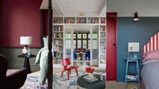 bedroom with dark red wall, library room with red accent chair, blue bedroom with red door and red striped headboard