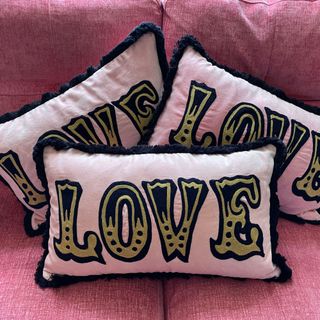 Plush Pink Velvet Love Cushion, as seen in Fearne Cotton's bedroom, from Circus Signs