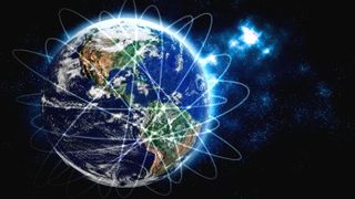 Global network connection covering the earth with lines of innovative perception.