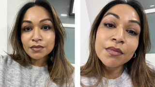 On the left, a picture of Digital Beauty Editor, Aleesha Badkar wearing Charlotte Tilbury's Exaggereyes mascara, without having curled her lashes. And on the right, Aleesha's lashes with Exaggereyes applied and curled afterwards