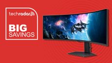 large curved gaming monitor against red background