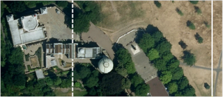 The Prime Meridian of the World (dotted line) and the modern reference meridian indicating zero longitude using satellite measurements (solid line).
