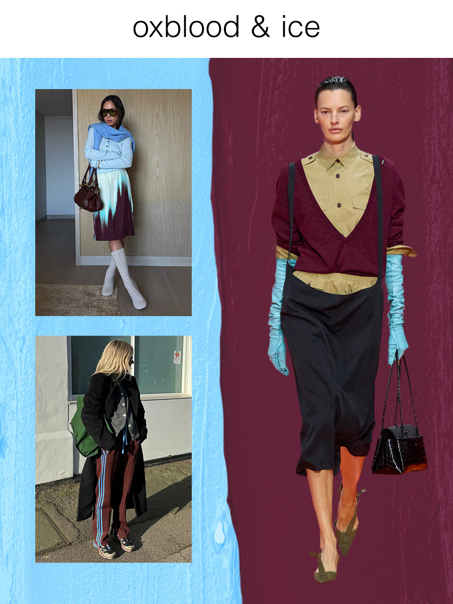 A collage of runway and Instagram imagery featuring the coolest color combinations of spring 2026.