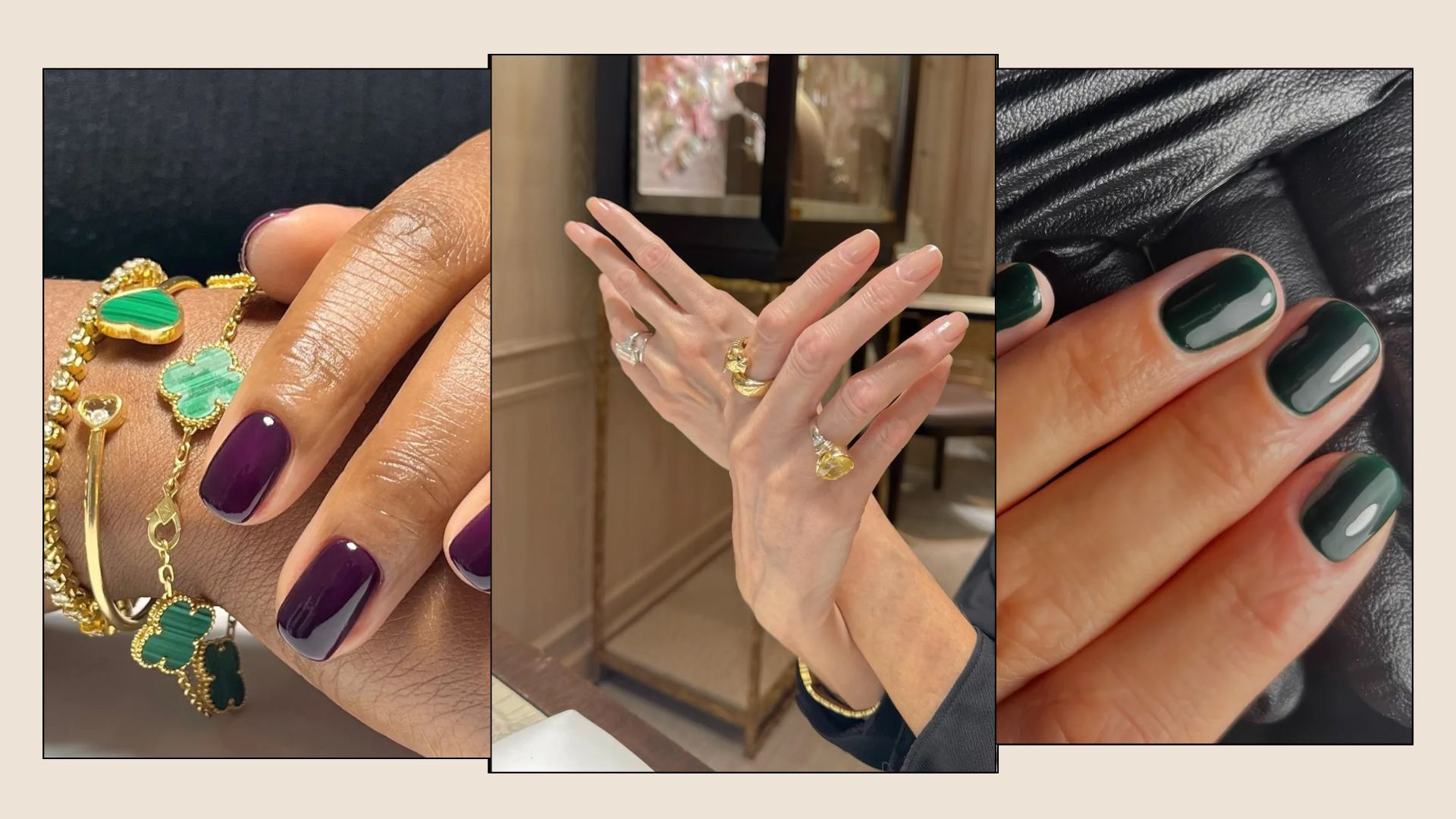 A collage of trending December nail colours, including purple, glossy and green