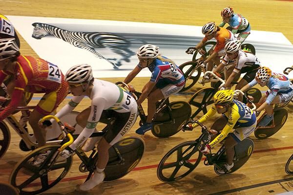 A zebra against all those riders, surely that's not fair: Action from the elimination race in the women's omnium.