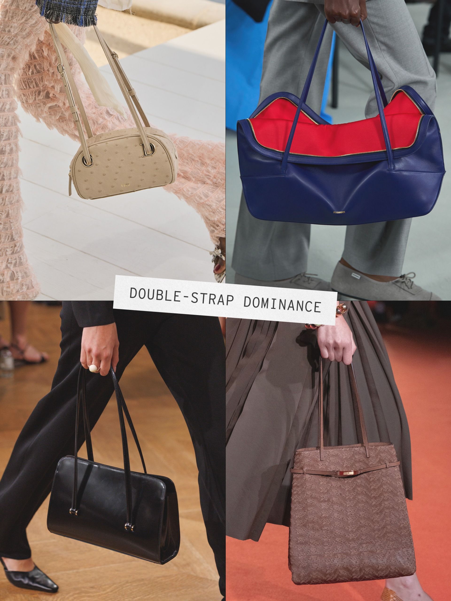A collage of runway images featuring the major handbag trends of spring/summer 2027.