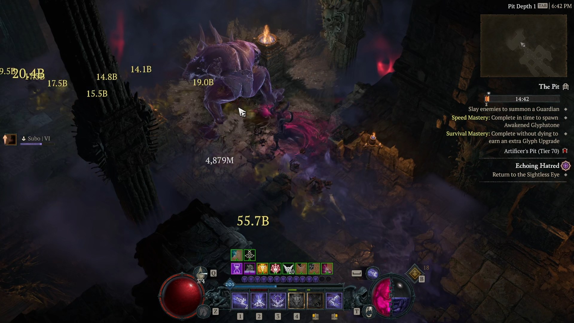 A screenshot from the Diablo 4: Lord of Hatred review build. A warlock commands a massive demon to smash enemies in front of them.