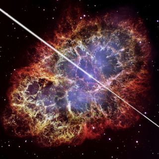 An artist's conception of the pulsar at the center of the Crab Nebula, with a Hubble Space Telescope photo of the nebula in the background.