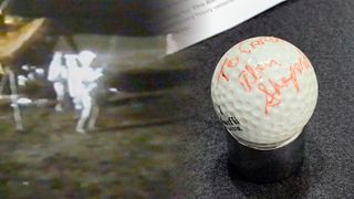 a film still showing a blurry image of an astronaut in a white spacesuit swinging a golf club on the moon and a photo of an autograph golf ball