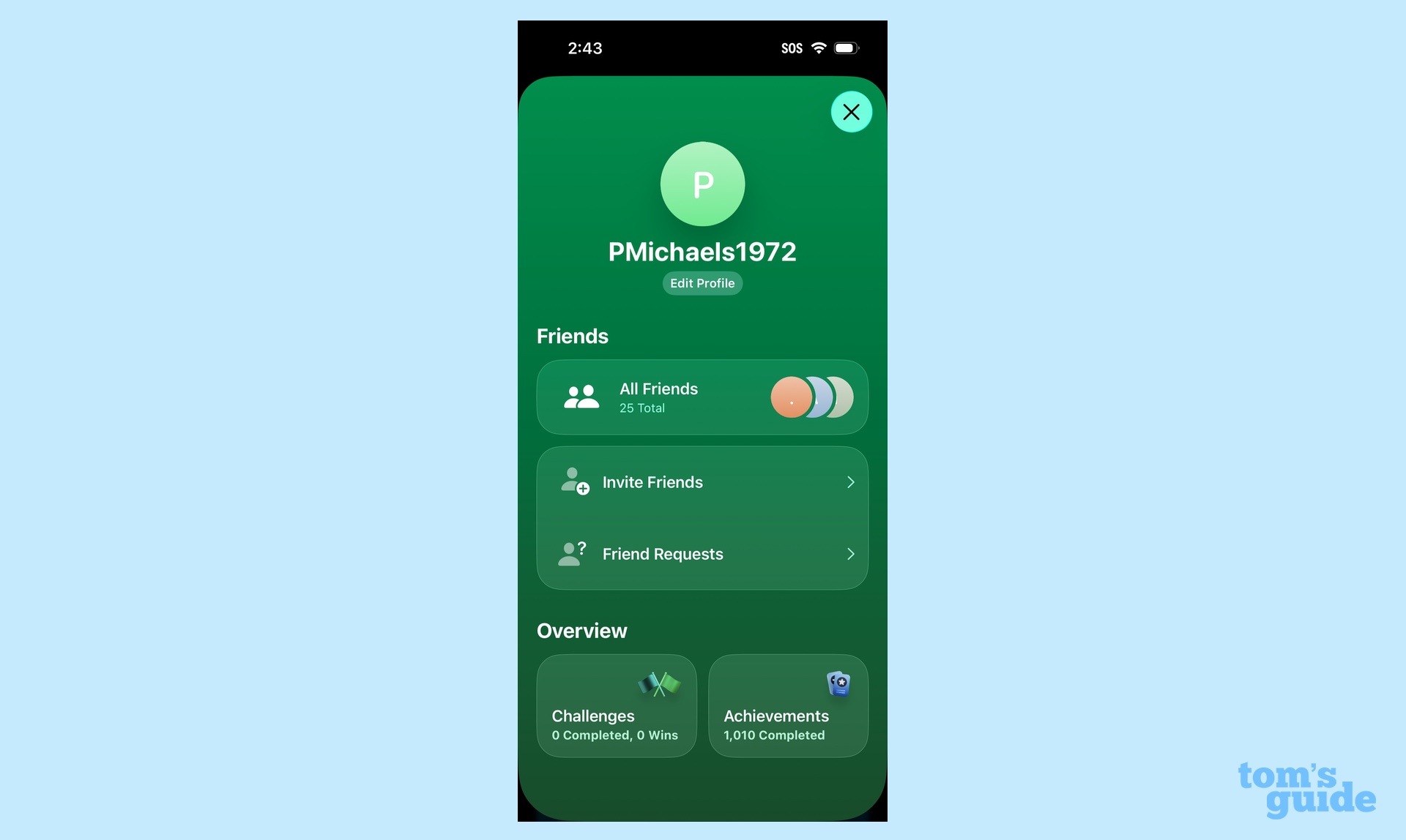 Game Center panel in Games app
