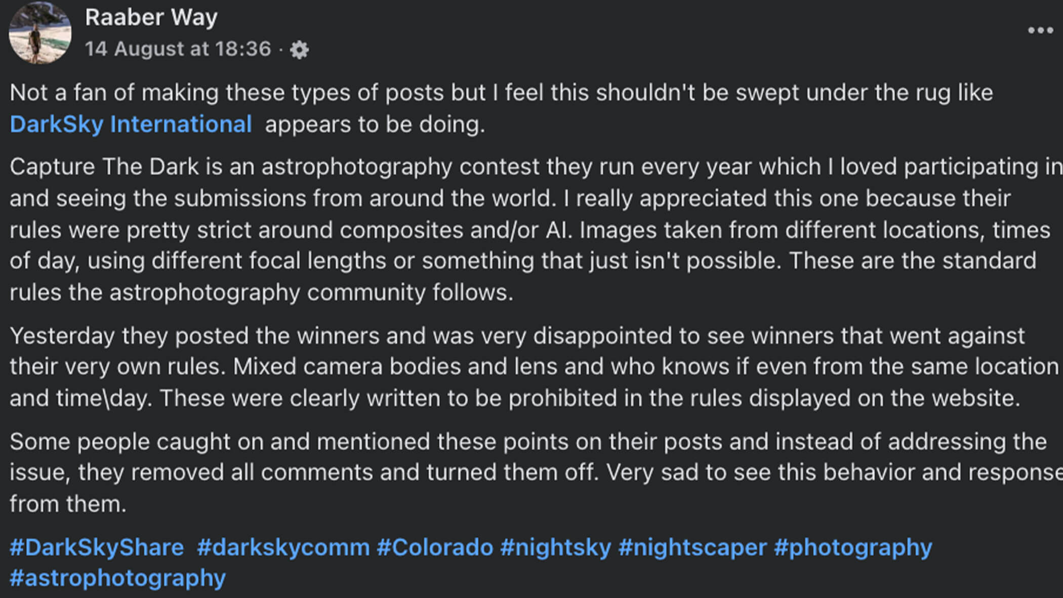 Screenshot of Facebook post comment.