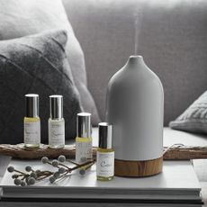 The White Company electronic diffuser sitting on a grey book cover, with four different fragrance oil bottles next to it, two of them sitting on a branch