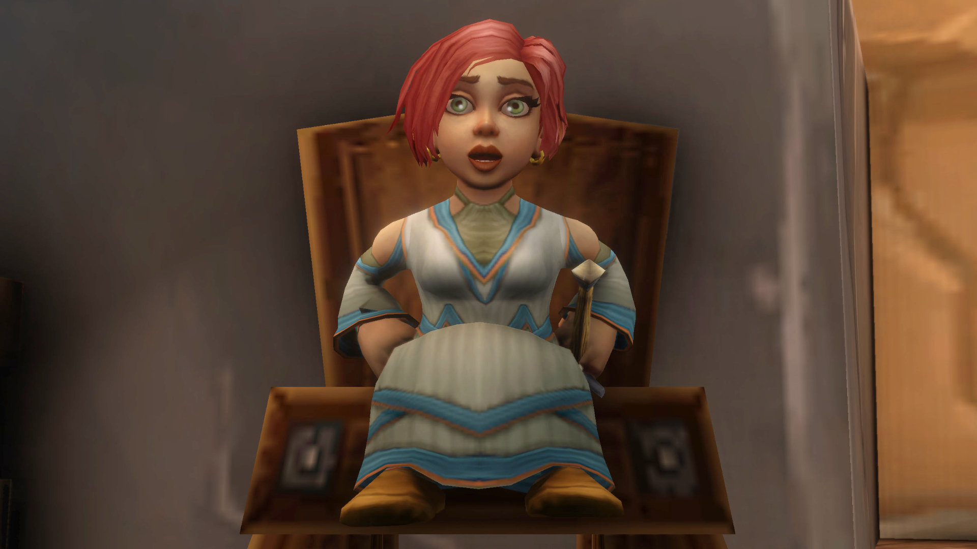 A screenshot of the World of Warcraft: Forever beta. A Gnome priest wearing white robes sits on a wooden chair with a surprised look on their face.