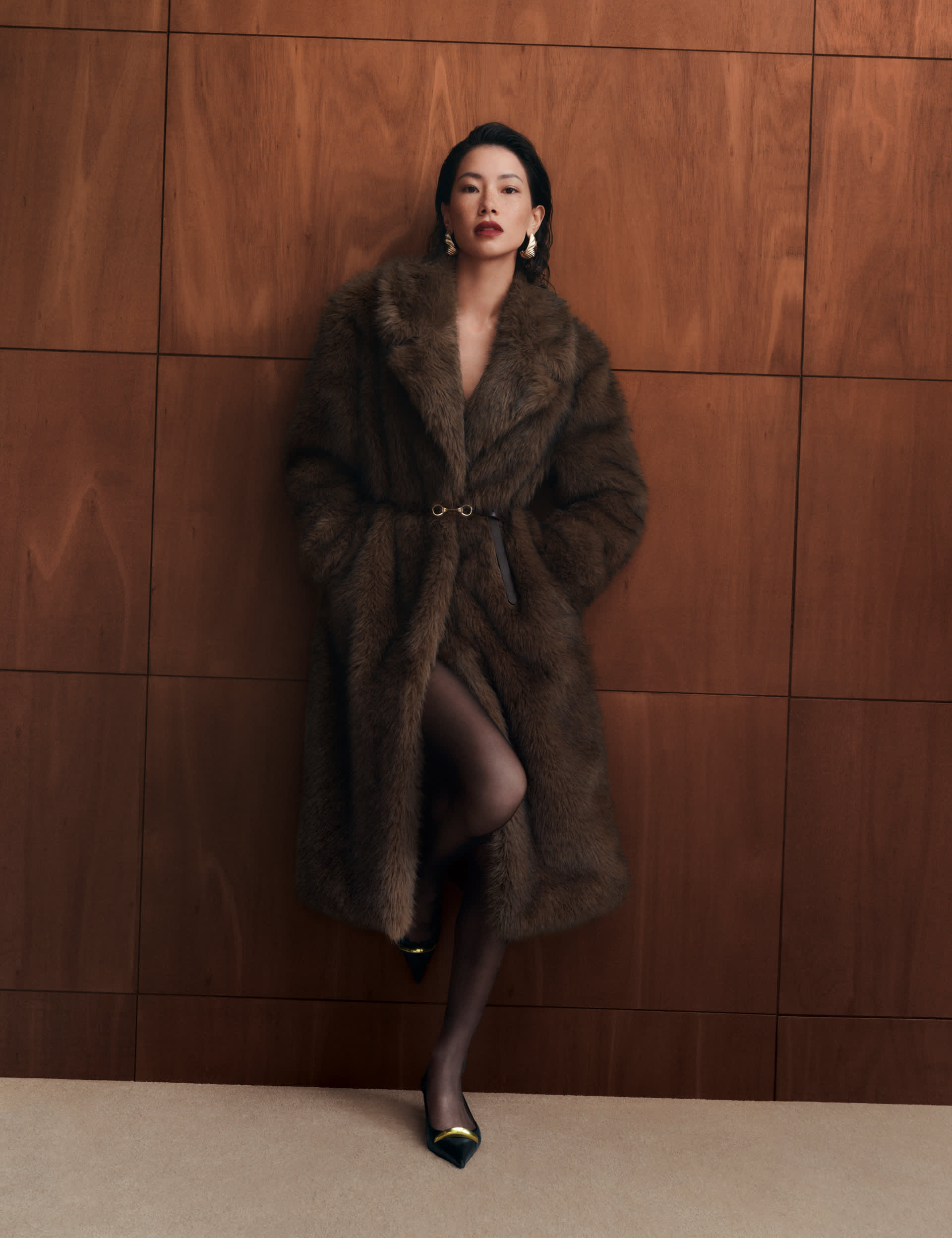 Faux Fur Single Breasted Longline Coat
