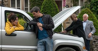 Pollard is taking Faith Dingle out to dinner but can’t get his car started. Cain Dingle is unhappy about Pollard taking his mum out and is reticent to help. Soon Josh Crowther turns up and fixes the car leaving Pollard begrudgingly impressed in Emmerdale.