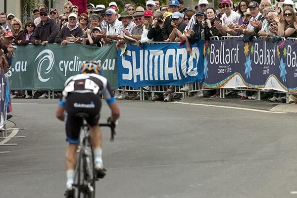 Jack Bobridge (Garmin Cervelo) receives plenty of support on the turn out of the home straight with a lap to go.