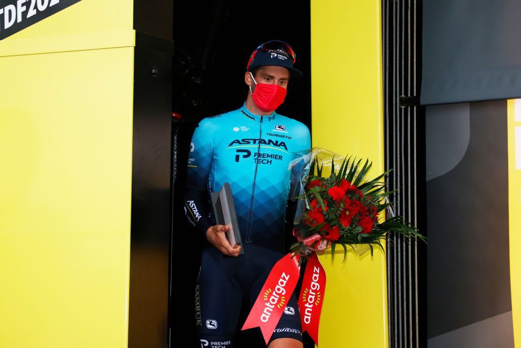 VALENCE FRANCE JULY 06 Hugo Houle of Canada and Team Astana Premier Tech Most Combative Rider celebrates at podium during the 108th Tour de France 2021 Stage 10 a 1907km stage from Albertville to Valence LeTour TDF2021 on July 06 2021 in Valence France Photo by Chris GraythenGetty Images