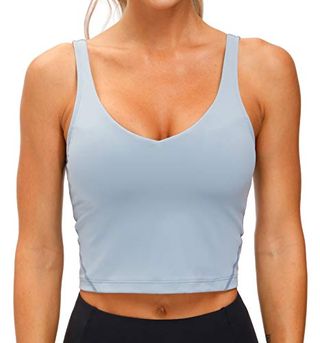 Women’s Longline Sports Bra Wirefree Padded Medium Support Yoga Bras Gym Running Workout Tank Tops (denim Blue, Medium)