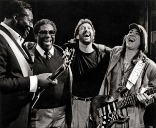 Albert King, B.B. King, Eric Clapton and Stevie Ray Vaughan onstage in 1987