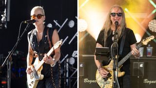 Left-Carmen Vandenberg of Bones UK performs at Michigan Lottery Amphitheatre on August 16, 2024 in Sterling Heights, Michigan; Right-Jerry Cantrell performs at Michigan Lottery Amphitheatre on August 16, 2024 in Sterling Heights, Michigan