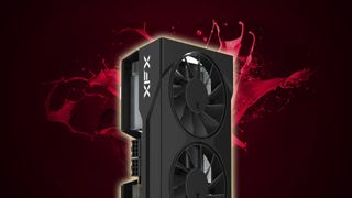 XFX Swift AMD Radeon RX 9070 GRE with Radeon red liquid backdrop and glowing outline.