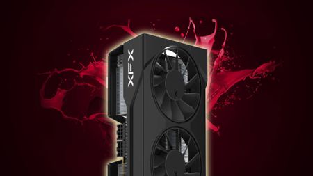XFX Swift AMD Radeon RX 9070 GRE with Radeon red liquid backdrop and glowing outline.