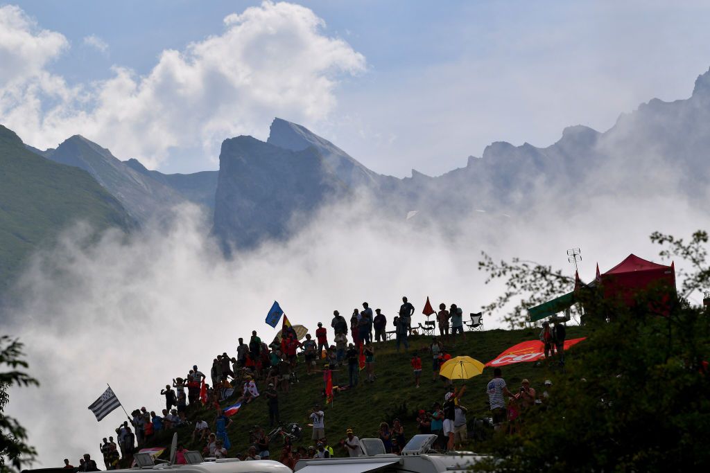 LARUNS, FRANCE - JULY 27: Col Du Soulor / Fans / Public / Landscape / Silhouet / during the 105th Tour de France 2018, Stage 19 a 200,5km stage from Lourdes to Laruns / TDF / on July 27, 2018 in Laruns, France. (Photo by Tim de Waele/Getty Images)