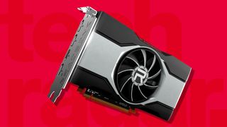 One of the best cheap graphics cards, the AMD Radeon RX 6600 XT, against a red background. 
