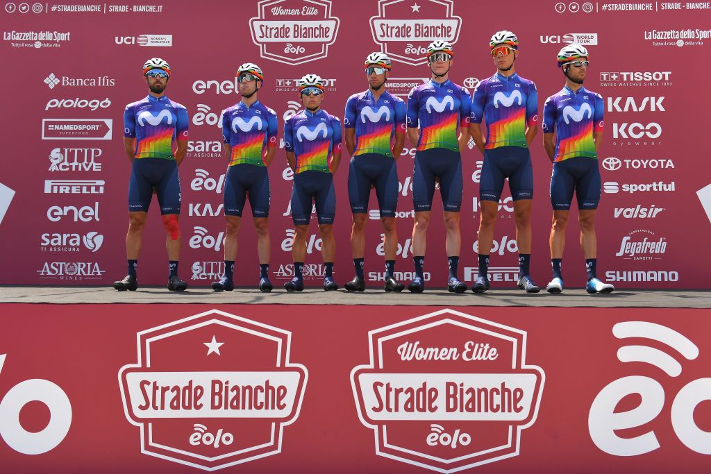 SIENA ITALY AUGUST 01 Start Podium Dario Cataldo Juri Hollmann of Germany Hector Carretero of Spain Johan Jacobs of Switzerland Einer Augusto Rubio Reyes of Colombia Eduardo Sepulveda of Argentina Davide Villella of Italy and Movistar Team during the Eroica 14th Strade Bianche 2020 Men a 184km race from Siena to SienaPiazza del Campo StradeBianche on August 01 2020 in Siena Italy Photo by Tim de WaeleGetty Images