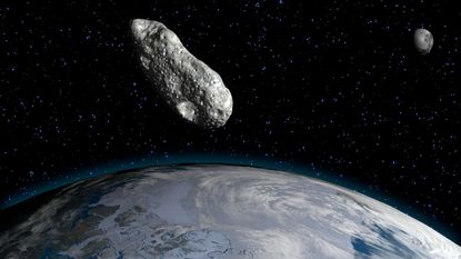 An artist's illustration of an asteroid flying past Earth and the moon