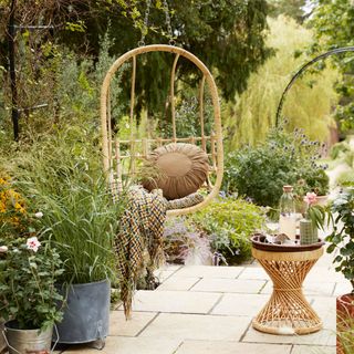 garden area with hanging chair and potted plants