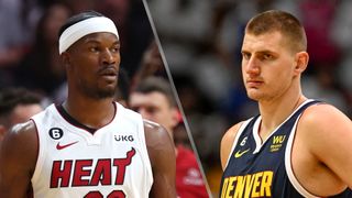 (L, R) Jimmy Butler and Nikola Jokic will face off in the Heat vs Nuggets live stream of Game 5 of the 2023 NBA Finals