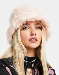 ASOS, ASOS DESIGN Long Faux Fur Roll Back Bucket Hat in Pink ( $16.10