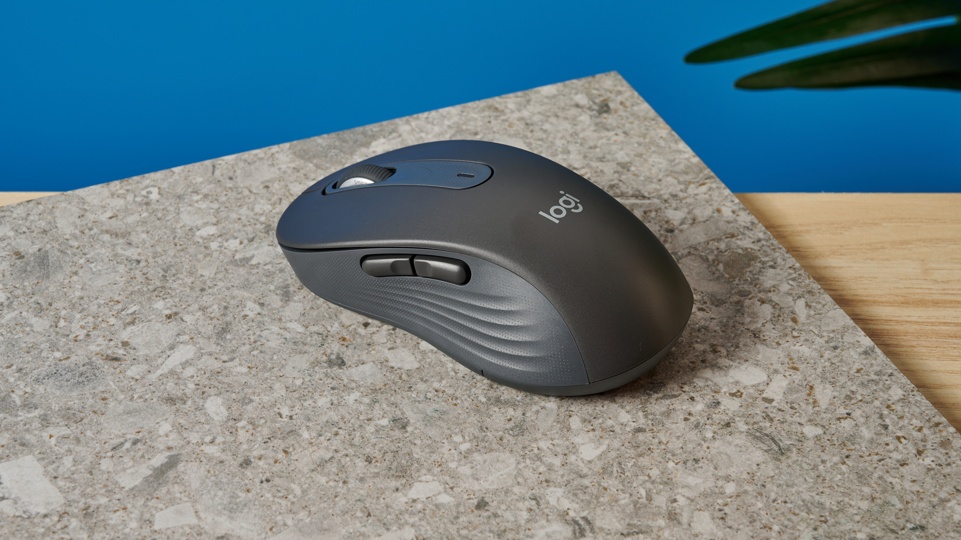 a black mouse with a scroll wheel, two side buttons, and grooved edges, with a logi logo, sits atop a pale table with a blue background