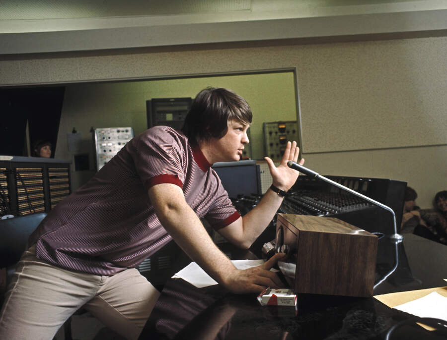 Brian Wilson of the rock and roll band "The Beach Boys" directs from the control room while recording the album "Pet Sounds" in 1966 in Los Angeles, California.