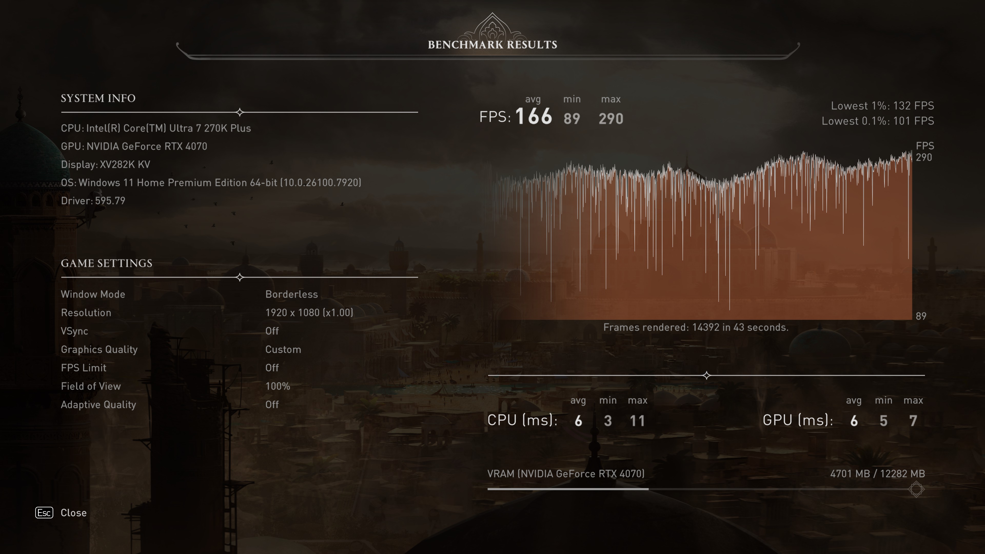 A screenshot of the built-in benchmark results from Assassin's Creed Mirage, showing the impact of using Intel APO and BOT at 1080p High