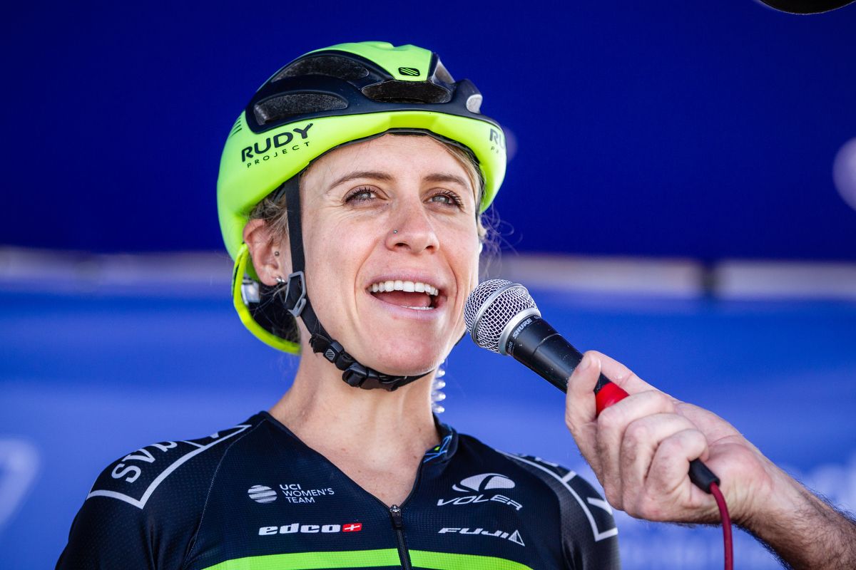 Brodie Chapman (TIBCO) gets interviewed on the stage before stage 1 of the Colorado Classic on August 22, 2019 in Steamboat Springs, Colorado.