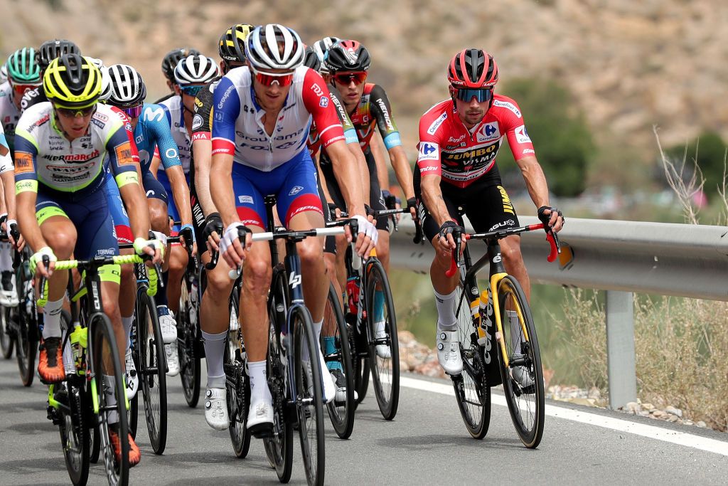 VELEFIQUE SPAIN AUGUST 22 Primoz Roglic of Slovenia and Team Jumbo Visma red leader jersey during the 76th Tour of Spain 2021 Stage 9 a 188 km stage from Puerto Lumbreras to Alto de Velefique 1800m lavuelta LaVuelta21 on August 22 2021 in Velefique Spain Photo by Gonzalo Arroyo MorenoGetty Images