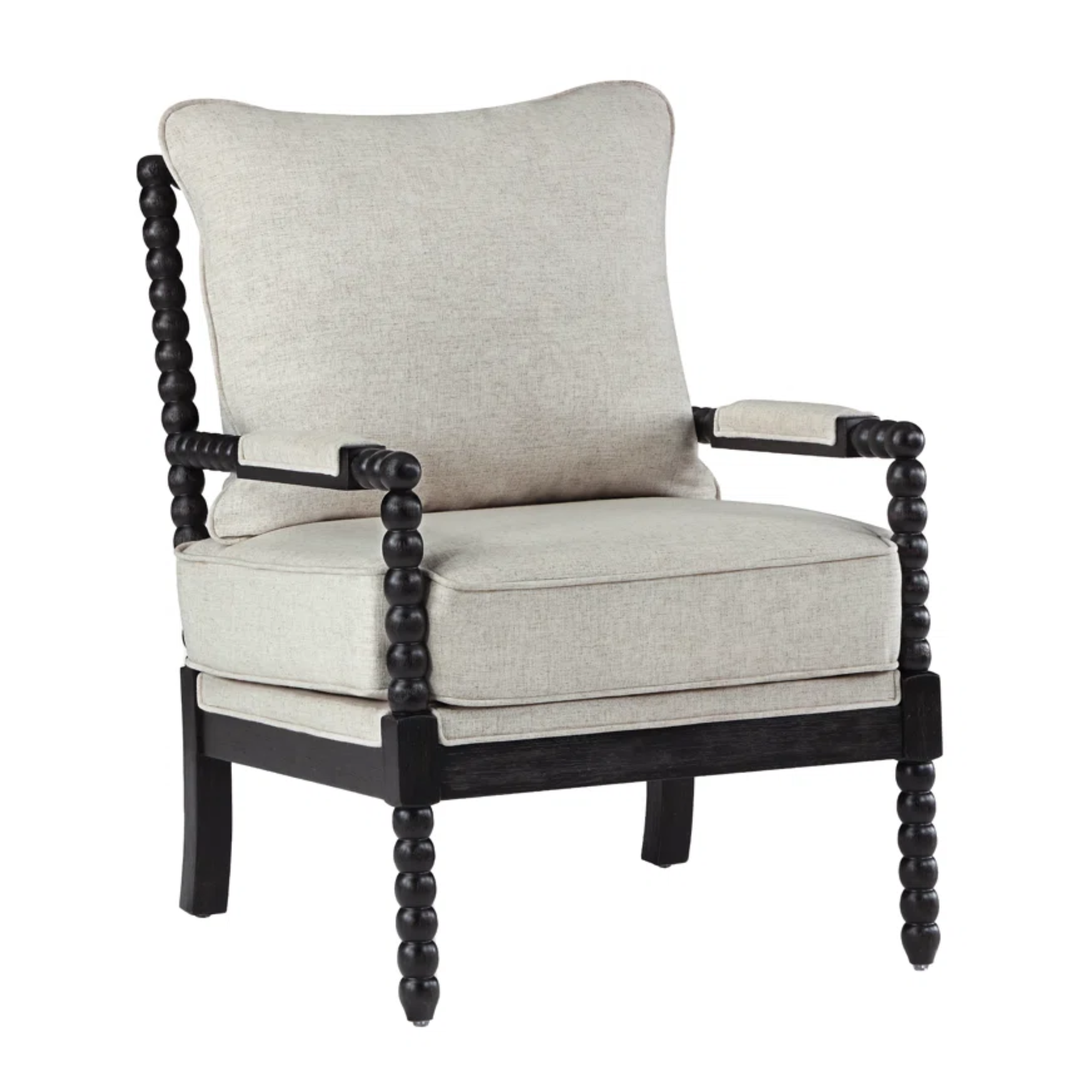 a bedroom chair with a black frame and off-white cushions