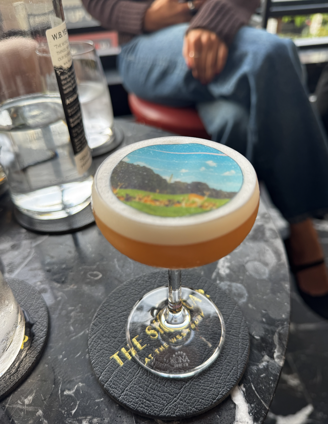 A cocktail with an image of a park on top of it and a woman&#039;s legs in the background