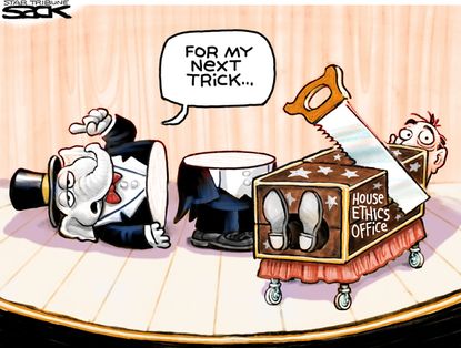 Political cartoon U.S. Republicans house ethics office trick