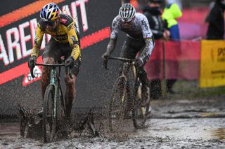 Belgian Wout Van Aert and Dutch Mathieu Van Der Poel pictured in action during the men elite race of the World Cup cyclocross in Dendermonde third stage out of five of the UCI World Cup competition in Dendermonde Sunday 27 December 2020 BELGA PHOTO DAVID STOCKMAN Photo by DAVID STOCKMANBELGA MAGAFP via Getty Images