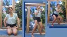 Kerry Law doing the Meredith Shirk 7-minute workout in back garden at home, standing on yoga mat to do cross-body punch and standing squat