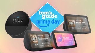 four different amazon echo show speakers on a pink background with prime day tag.