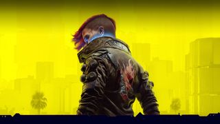 Female V facing back and to the left with yellow background wearing Samurai Oni jacket.