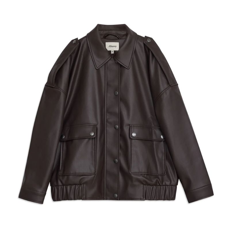 A cutout of a faux fur chocolate leather bomber jacket by Albaray