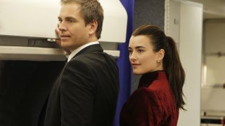 Michael Weatherly and Cote de Pablo near overhead luggage compartment aboard plane