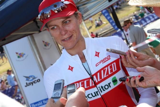 Kimberley Wells (Specialized-Securitor) was surrounded for interviews post-race
